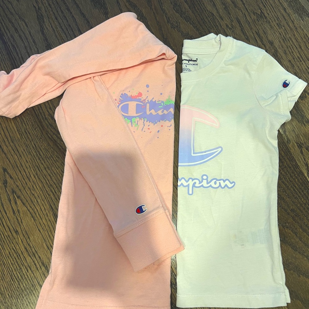 Champion hooded long sleeve shirt and a t shirt. Size 6 and 5
